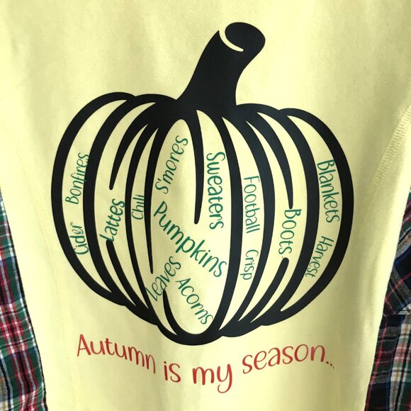 Flannel Tee Upcycle, Autumn Pumpkin Graphic, Size S-M: Oversized Long-Sleeved - Picture 5 of 12